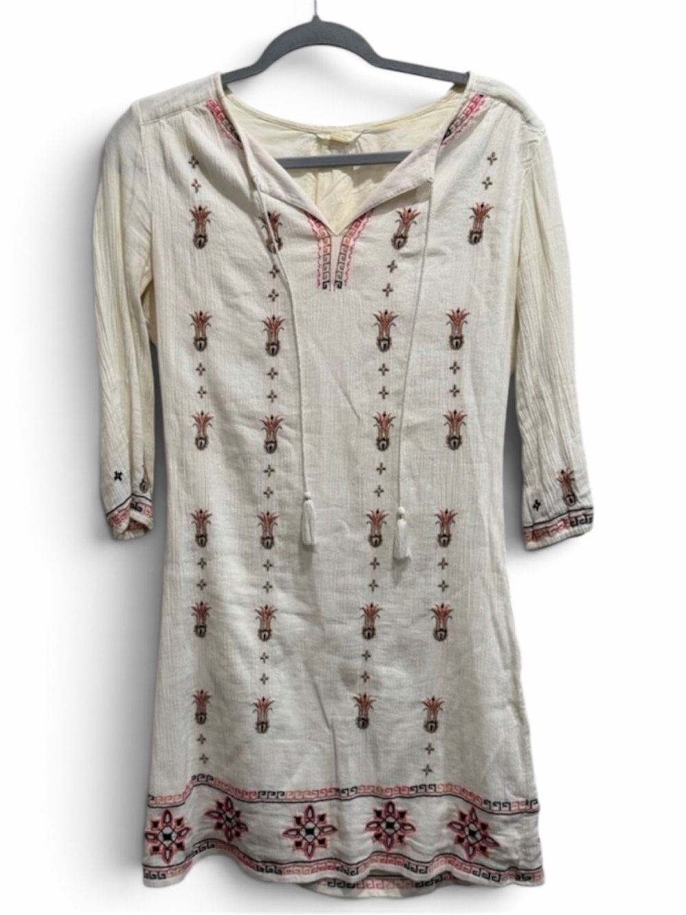 Caslon Size XS Cream Embroidered Boho Tunic Dress 3/4 Sleeve